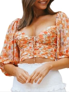 Angel Biba Ruched Tie Bust Orange Crop Top Corset Floral Blouse Size M